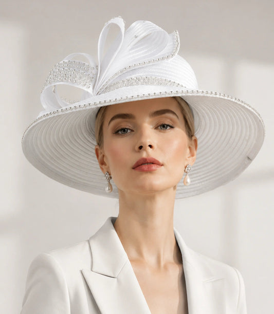 Elegant white rhinestone church hat for women styled with a formal white outfit, perfect for Sunday worship and special occasions