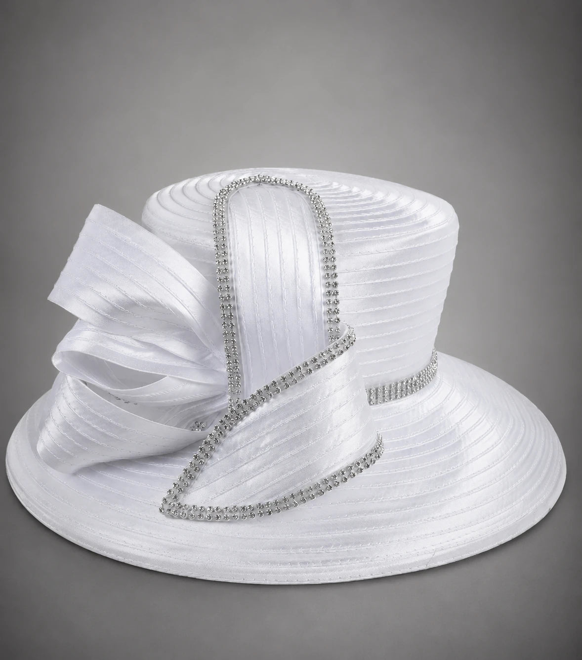 White rhinestone church hat with pleated ribbon bow and wide brim detail