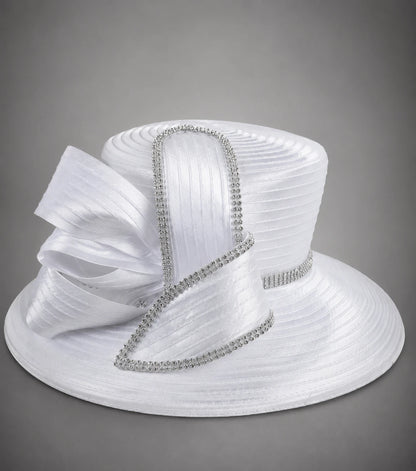 White rhinestone church hat with pleated ribbon bow and wide brim detail