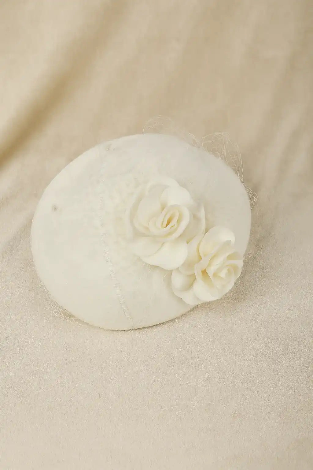White Rose Pillbox Hat with Birdcage Veil for Church or Tea Party