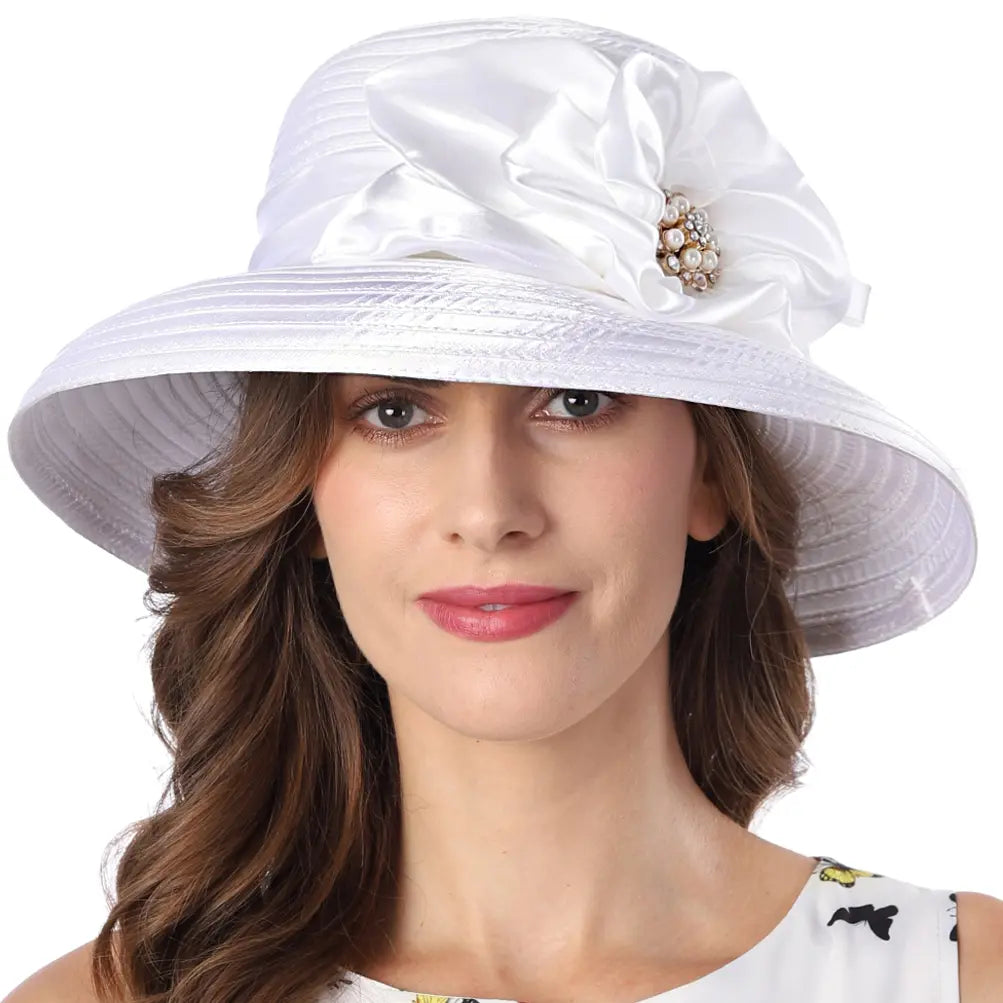 white wide brim church hat with satin pleats and flower – FORBUSITE