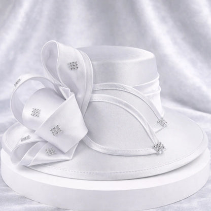 White satin church hat with crystal details, perfect for bridal occasions and formal gatherings
