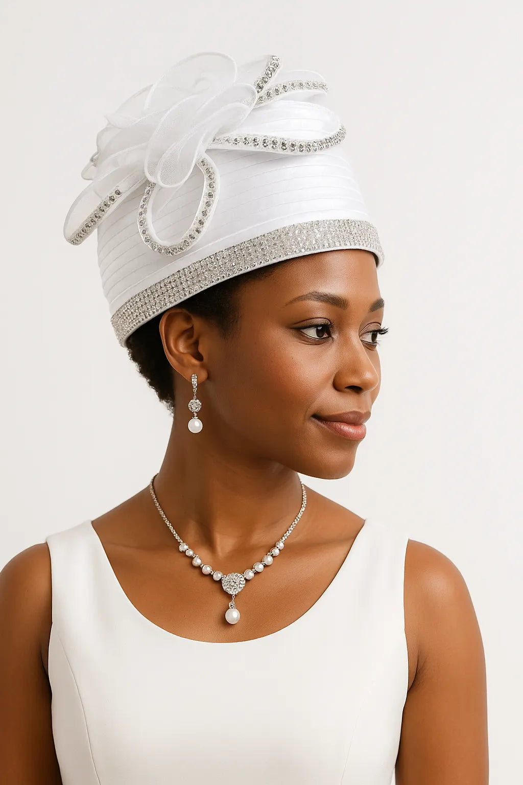 Elegant white satin pillbox hat with crystal embellishments and floral decor, perfect for weddings, church events, or formal tea parties. Luxury bridal accessory with vintage appeal.