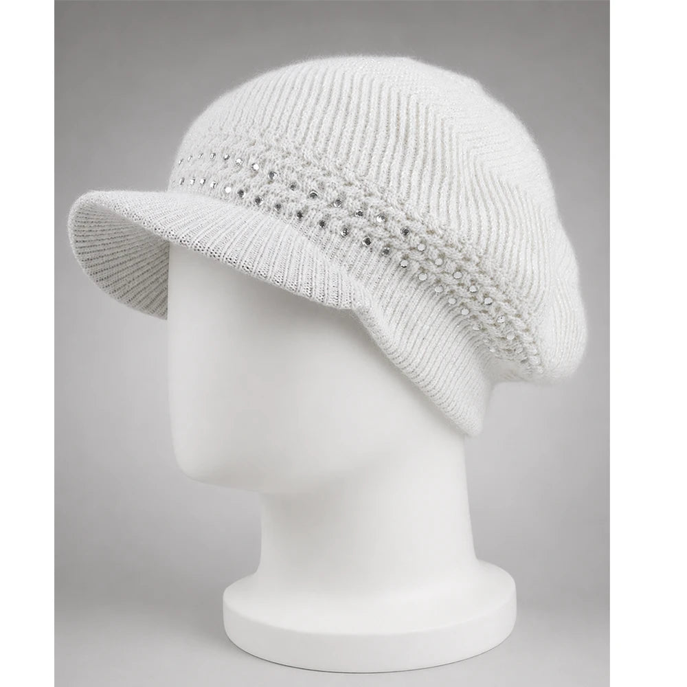 White women’s knit visor beanie with a short brim and sequin embellishments