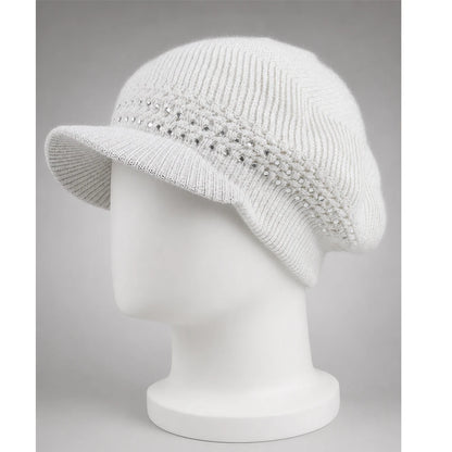 White women’s knit visor beanie with a short brim and sequin embellishments