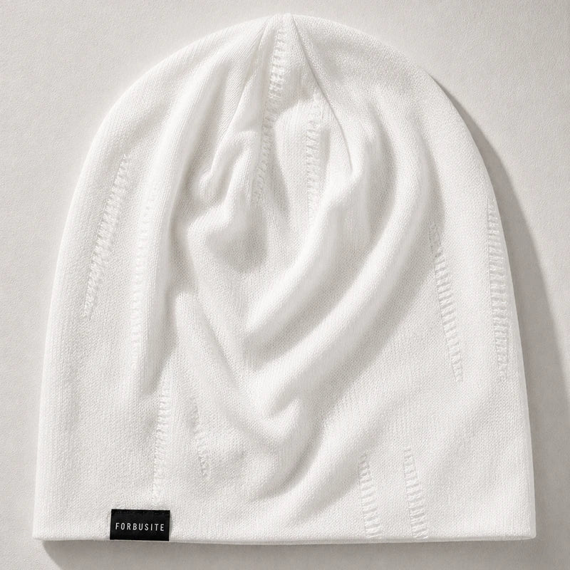 White slouchy beanie lightweight summer hat with soft breathable knit fabric and minimalist casual design