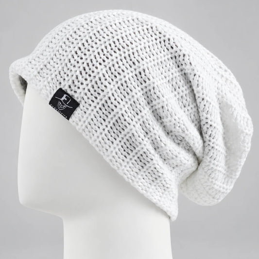 White slouchy knit beanie with a relaxed oversized crown