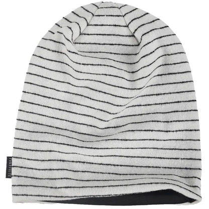 White striped beanie hat made from lightweight cotton, breathable slouchy style for men and women