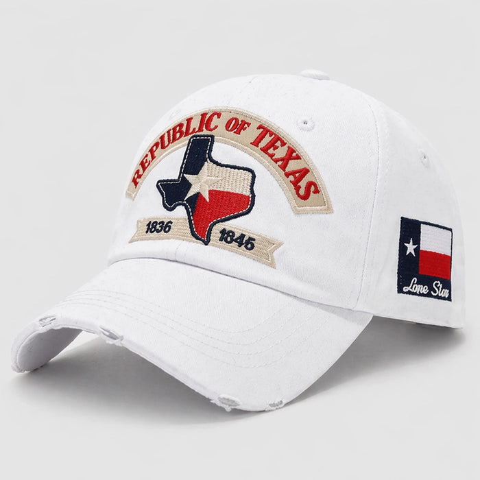 White Texas Republic Baseball Cap with Lone Star Flag, Embroidered 1836-1845 Design, Adjustable Fit