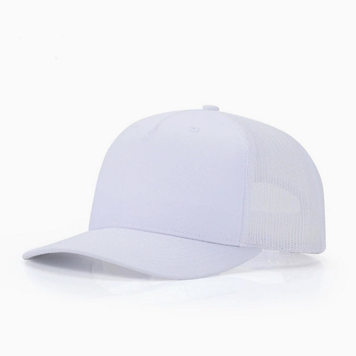 White trucker cap with mesh back, adjustable fit, unisex design for casual wear.