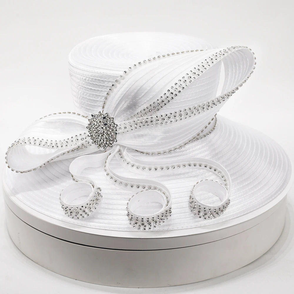 Elegant white wide-brim church hat with rhinestone accents for women