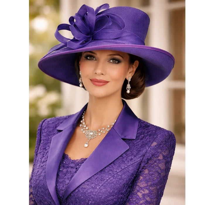 Woman wearing a purple formal hat at a wedding, paired with elegant jewelry.