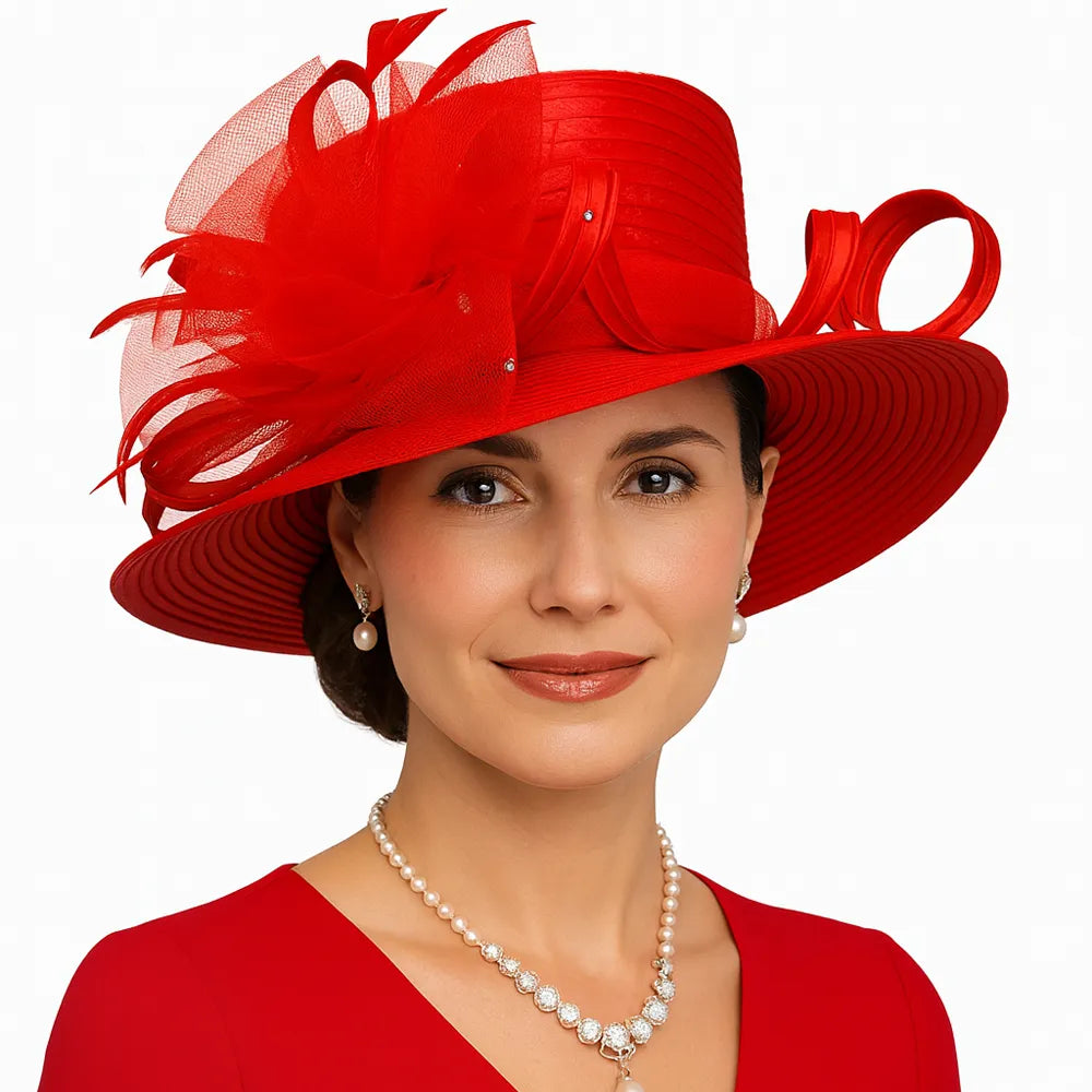 Elegant woman wearing red wide brim church hat with pearl necklace and earrings – FORBUSITE