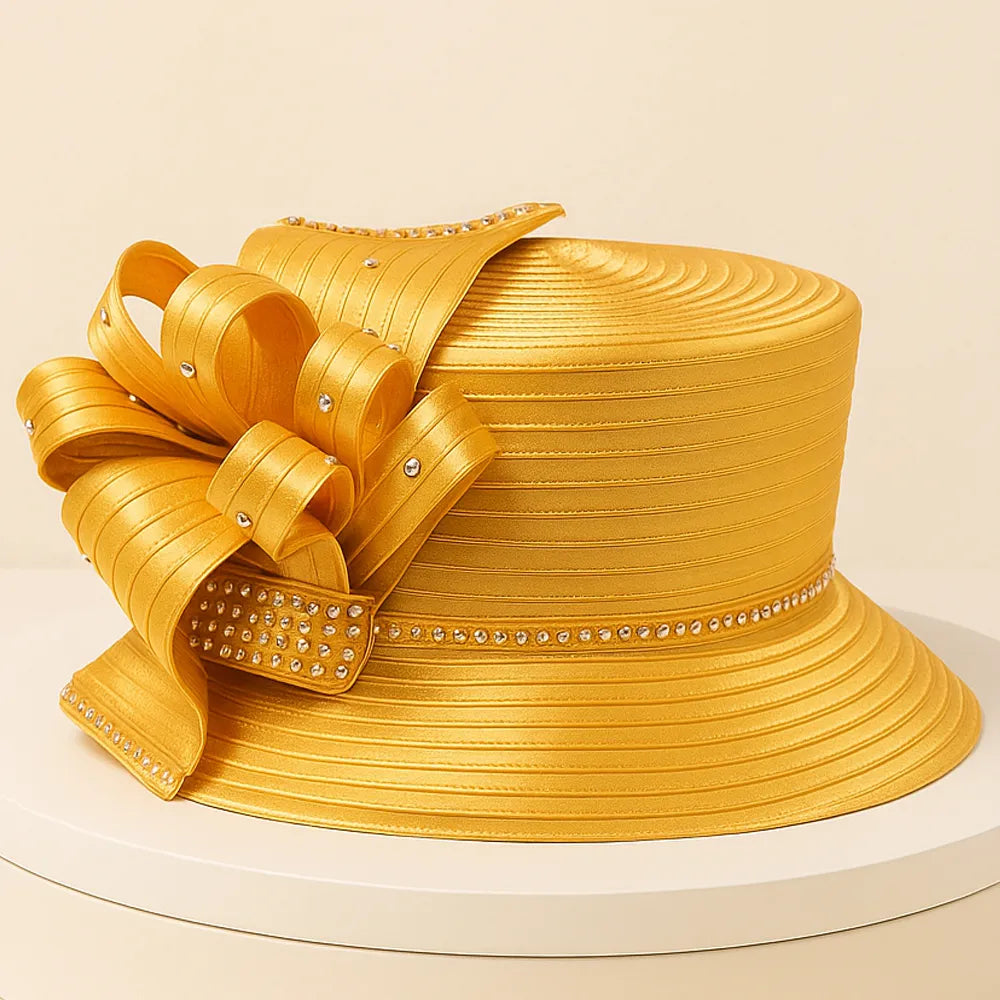 gold church hats with rhinestone bow detail on white turntable, perfect for women’s Sunday service or formal events
