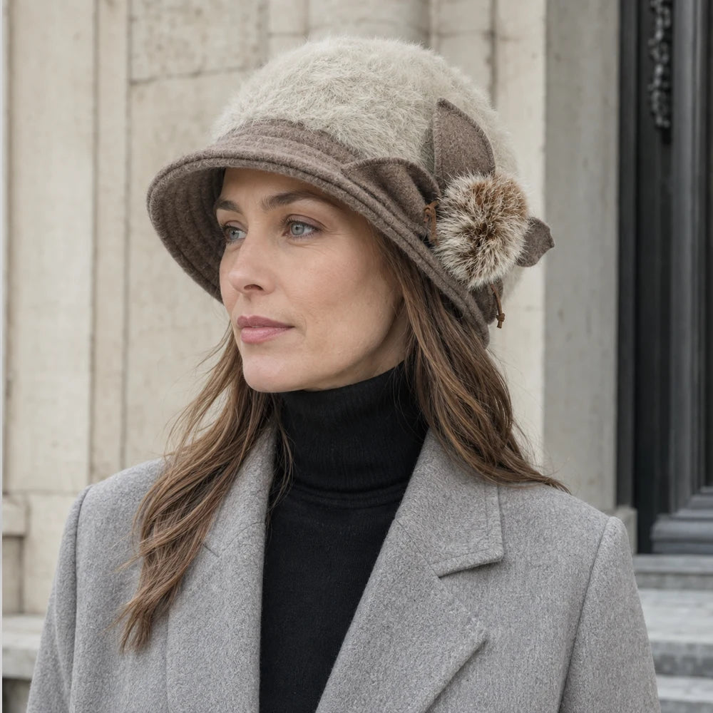 Woman styling a cream Angora cloche hat with a gray coat for fall and winter