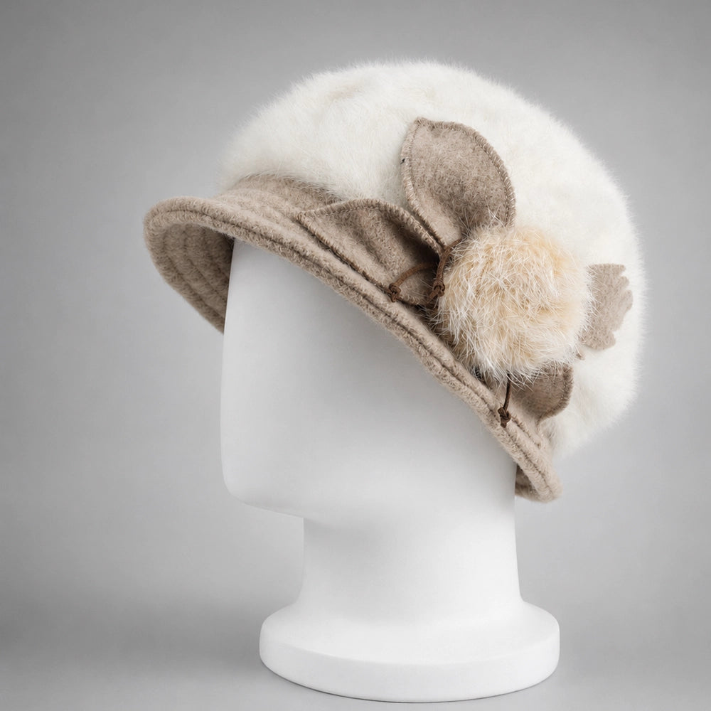 Cream women’s Angora cloche hat with wool flower and genuine rabbit-fur pom