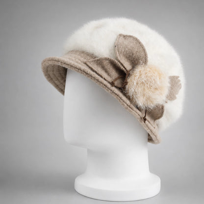 Cream women’s Angora cloche hat with wool flower and genuine rabbit-fur pom