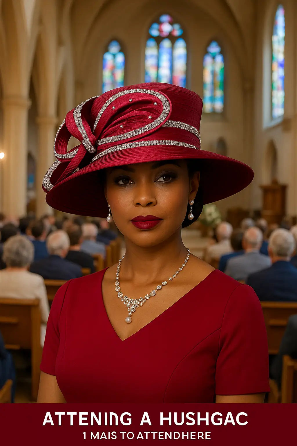 Woman wearing a black wide-brimmed church hat at a formal Sunday gathering.