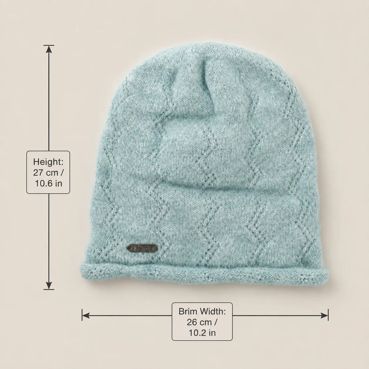 Women’s slouchy beanie measuring 10.6 inches high and 10.2 inches wide