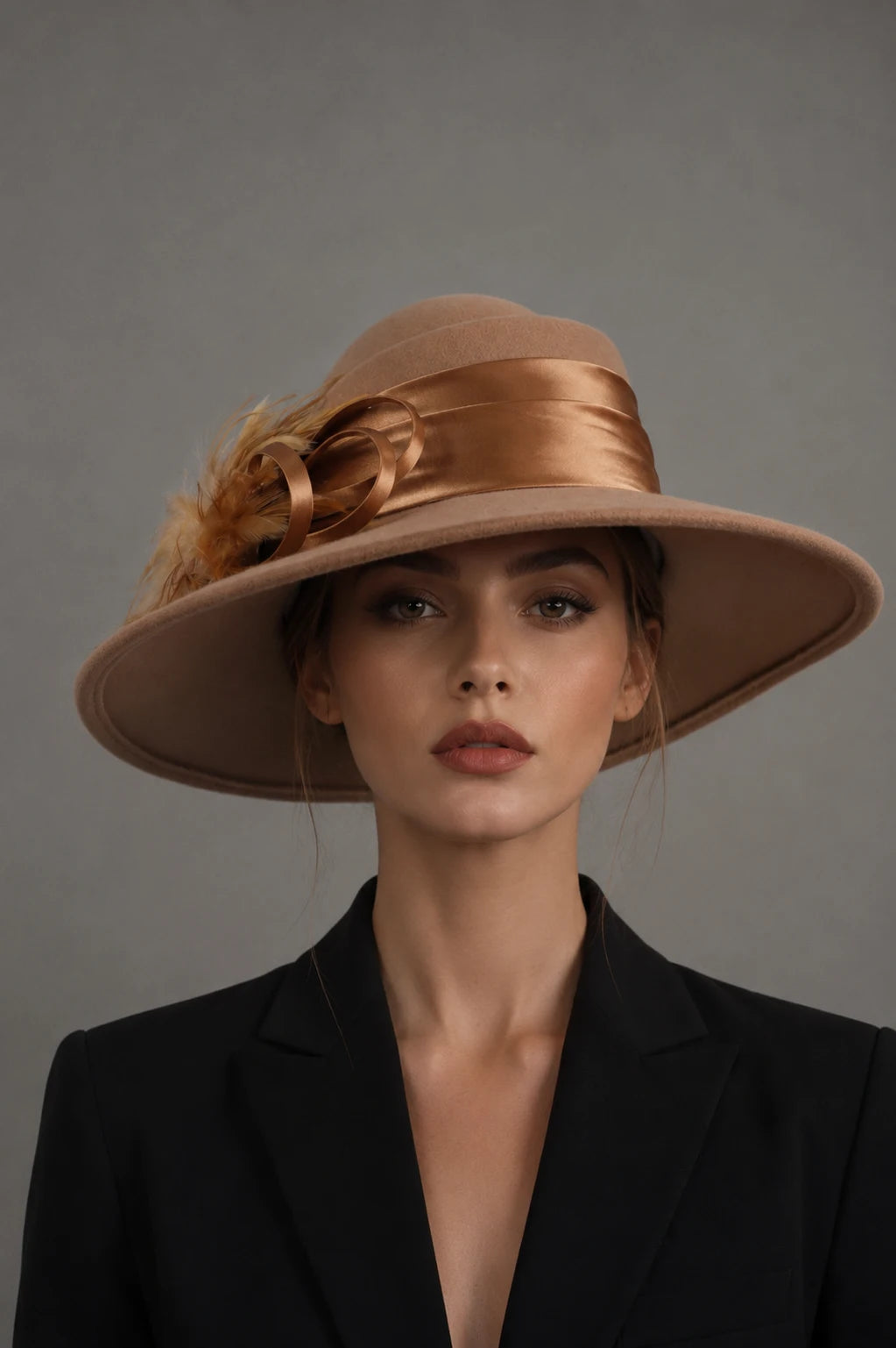 Beige wool church hat with wide brim, feather trim and satin band, sophisticated women’s dress hat for church, wedding, derby and formal occasions.