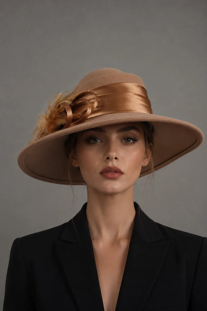 Beige wool church hat with wide brim, feather trim and satin band, sophisticated women’s dress hat for church, wedding, derby and formal occasions.