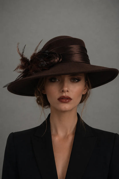 Brown wool church hat with wide brim, feather decoration and satin ribbon, elegant ladies formal hat for church service, tea party and special events.