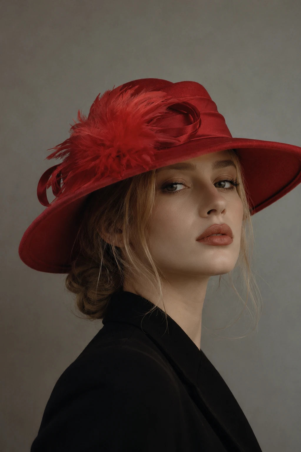Red wool church hat with wide brim and feather detail, elegant women’s formal hat for church, wedding, tea party and special occasion.