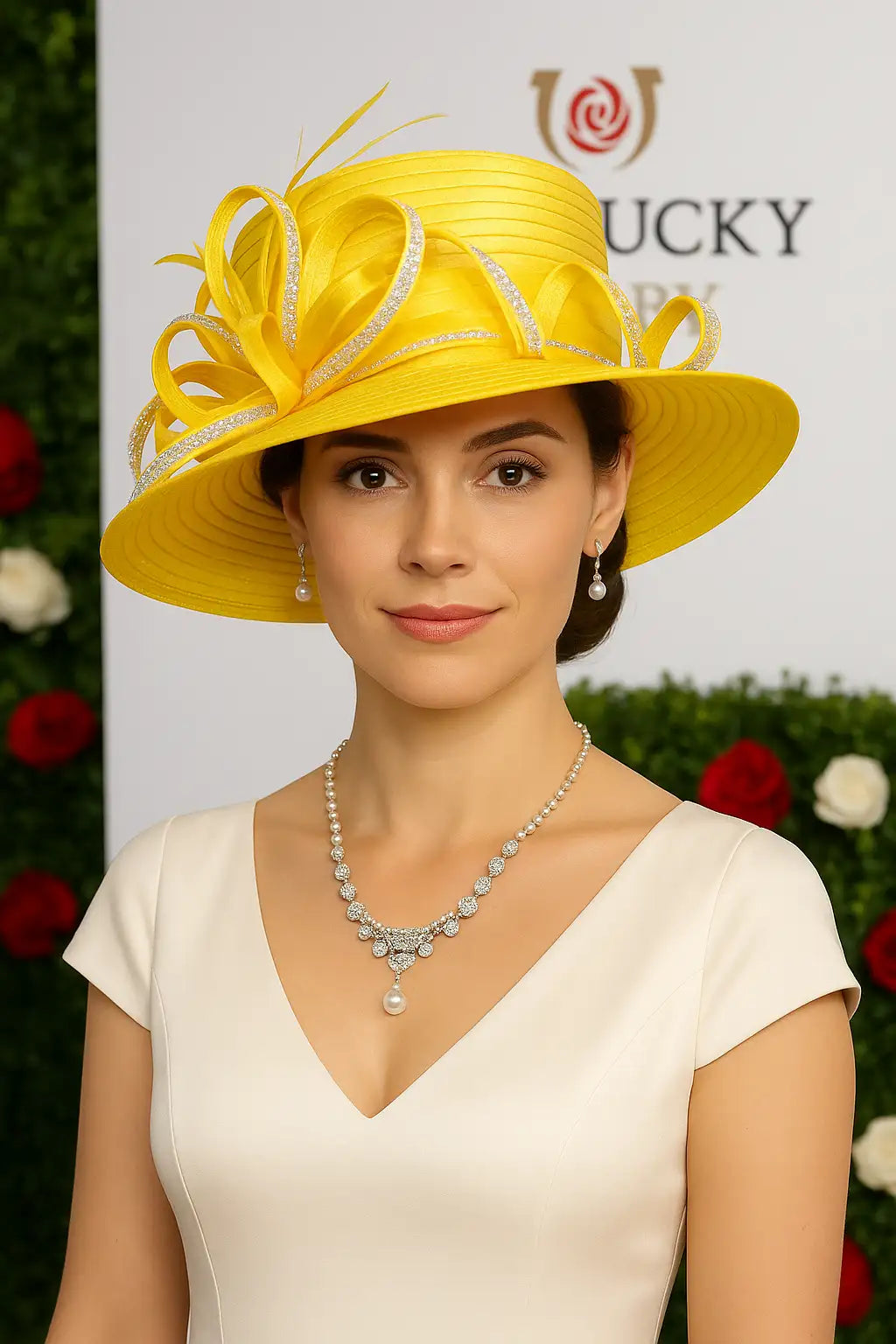 Close-up of woman wearing bright yellow FORBUSITE church hat with rhinestone ribbon loops, styled with pearl necklace and white V-neck dress at Kentucky Derby event.