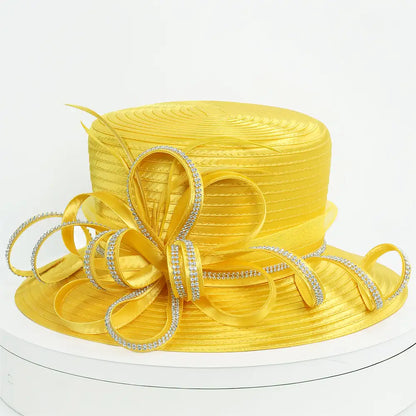 Elegant yellow satin church hat with rhinestone ribbon bow – FORBUSITE