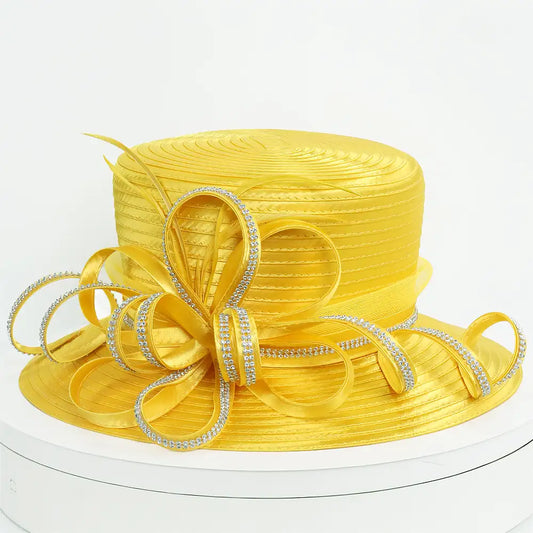 Elegant yellow satin church hat with rhinestone ribbon bow – FORBUSITE