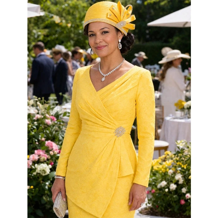 Yellow satin church hat with crystal accents, elegant design for formal events like weddings or church services.