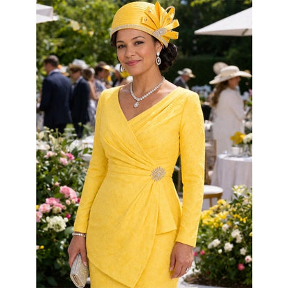 Yellow satin church hat with crystal accents, elegant design for formal events like weddings or church services.