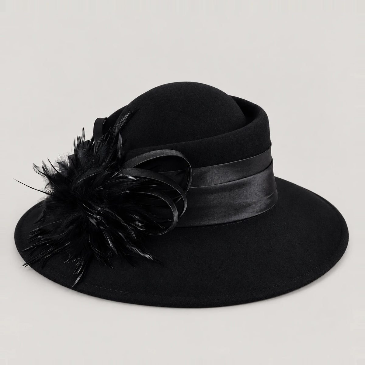 Black Z029M wide brim wool hat with fixed feather and ribbon trim