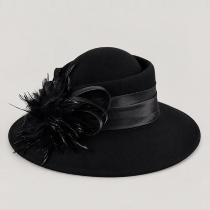 Black Z029M wide brim wool hat with fixed feather and ribbon trim
