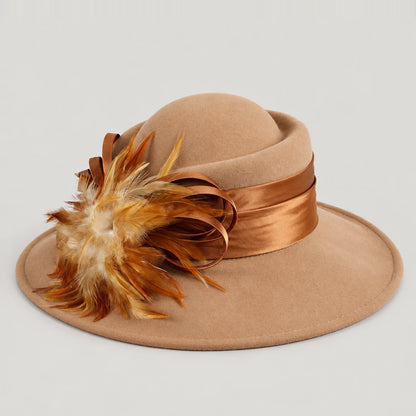 Camel Z029M wool hat with a wide brim, ribbon band and feather detail