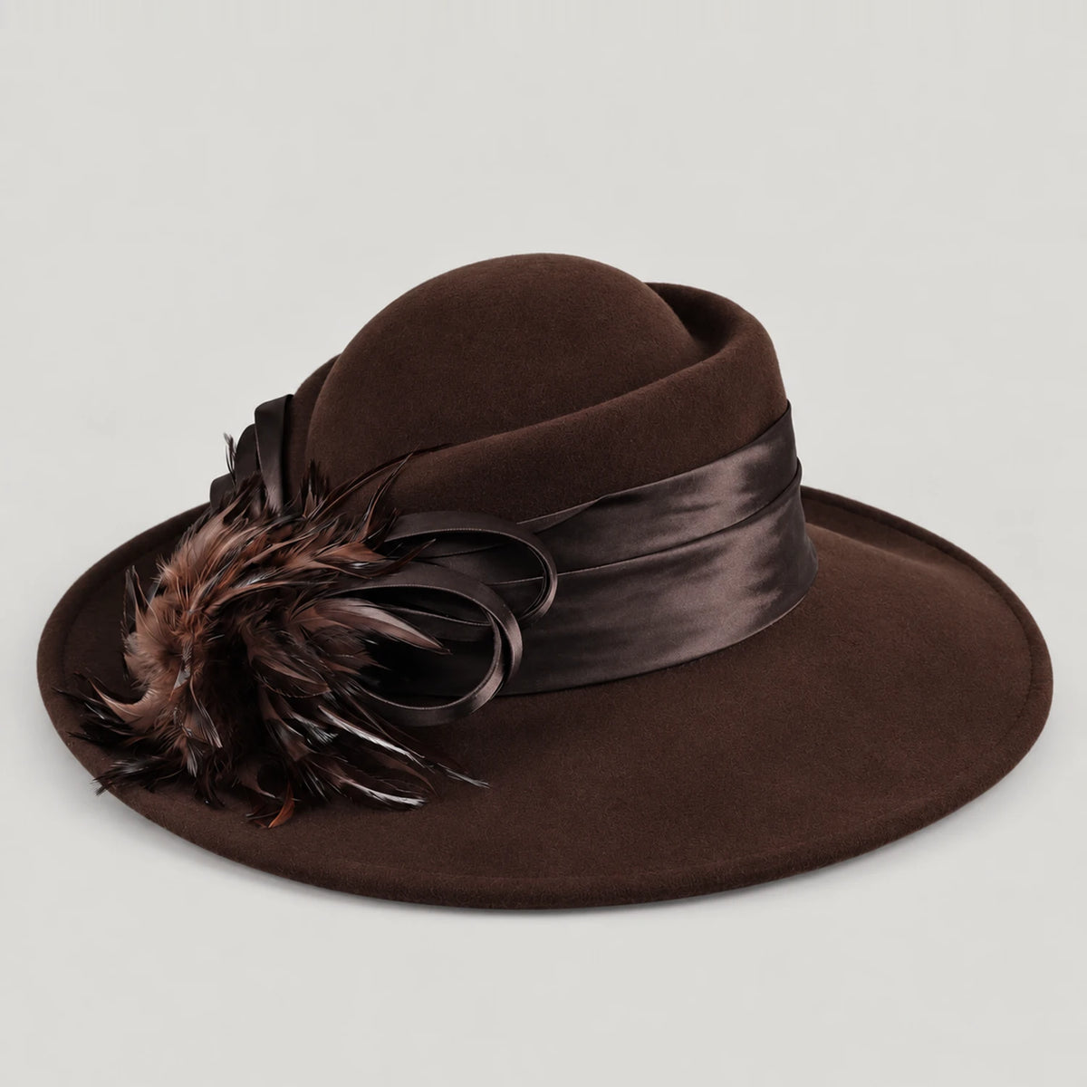 Coffee brown Z029M wool church hat with a structured wide brim and feather detail