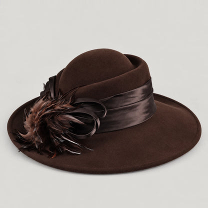 Coffee brown Z029M wool church hat with a structured wide brim and feather detail