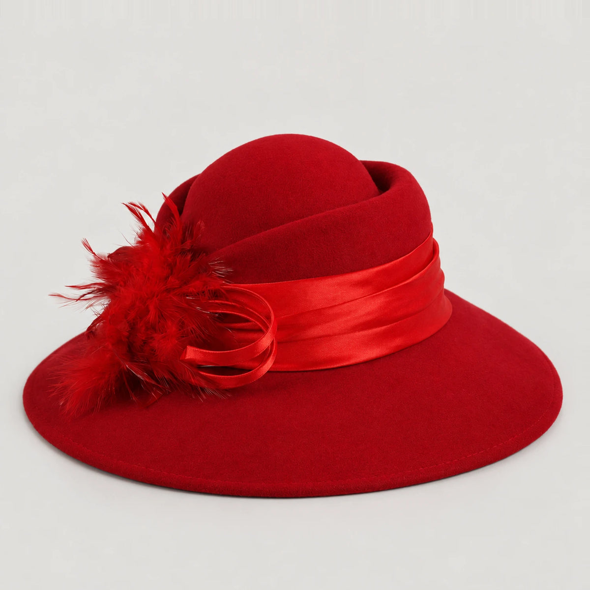 Red Z029M wool dress hat showing its structured crown and feather trim