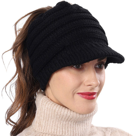 forbusite Women Knit Messy Bun Ponytail Visor Beanie Hat 